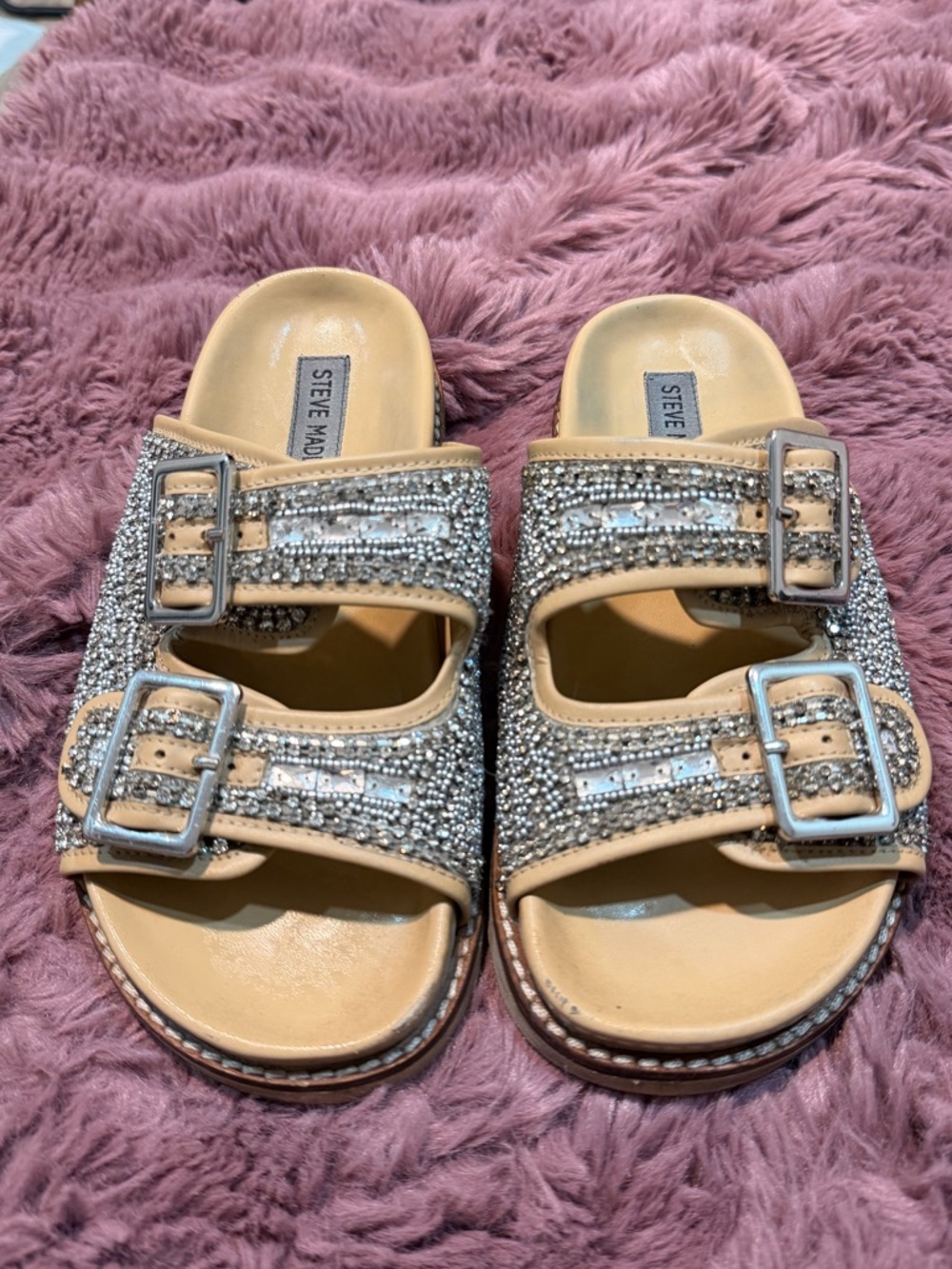 Steve Madden Crystal-Embellished Double Buckle Sandals - Beige/Silver
